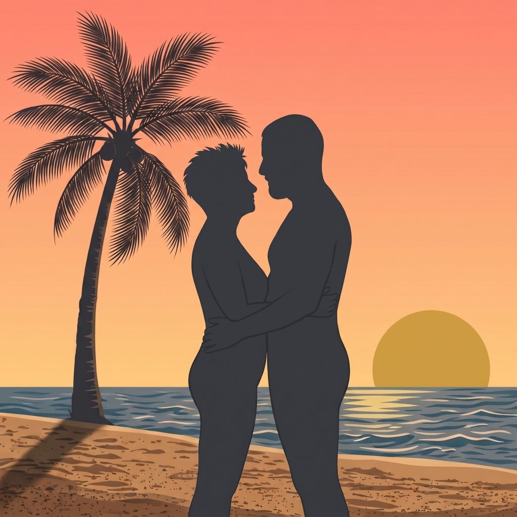 silhouette of two adults embracing on a beach at sunset with palm tree in background, representing Kala and Kai's journey
